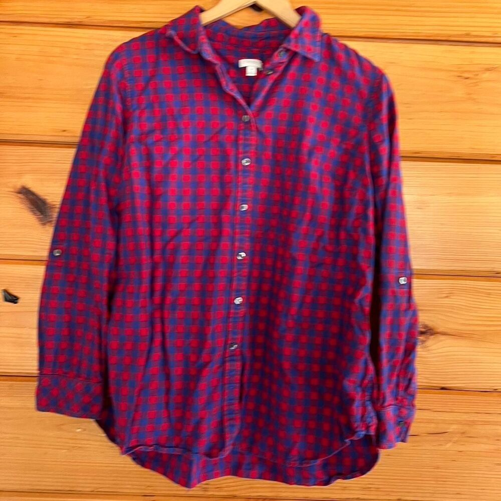 Talbots Women's Blue and Red Cotton Long Sleeve Shirt